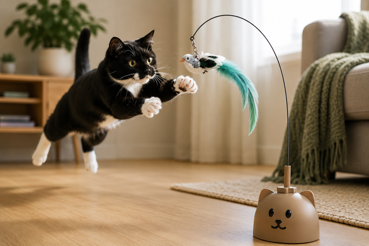 Black and white cat leaping to catch the automatic flying bird cat toy