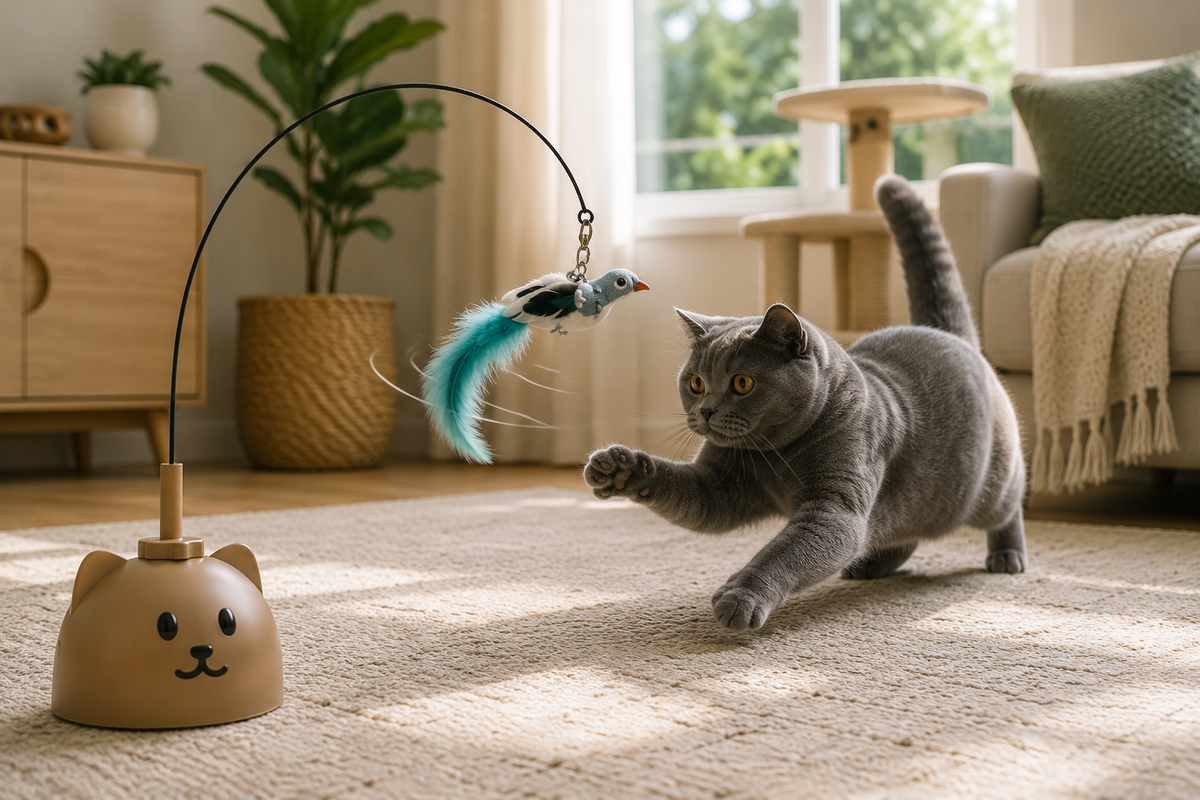 Cat independently playing with the automatic flying bird toy