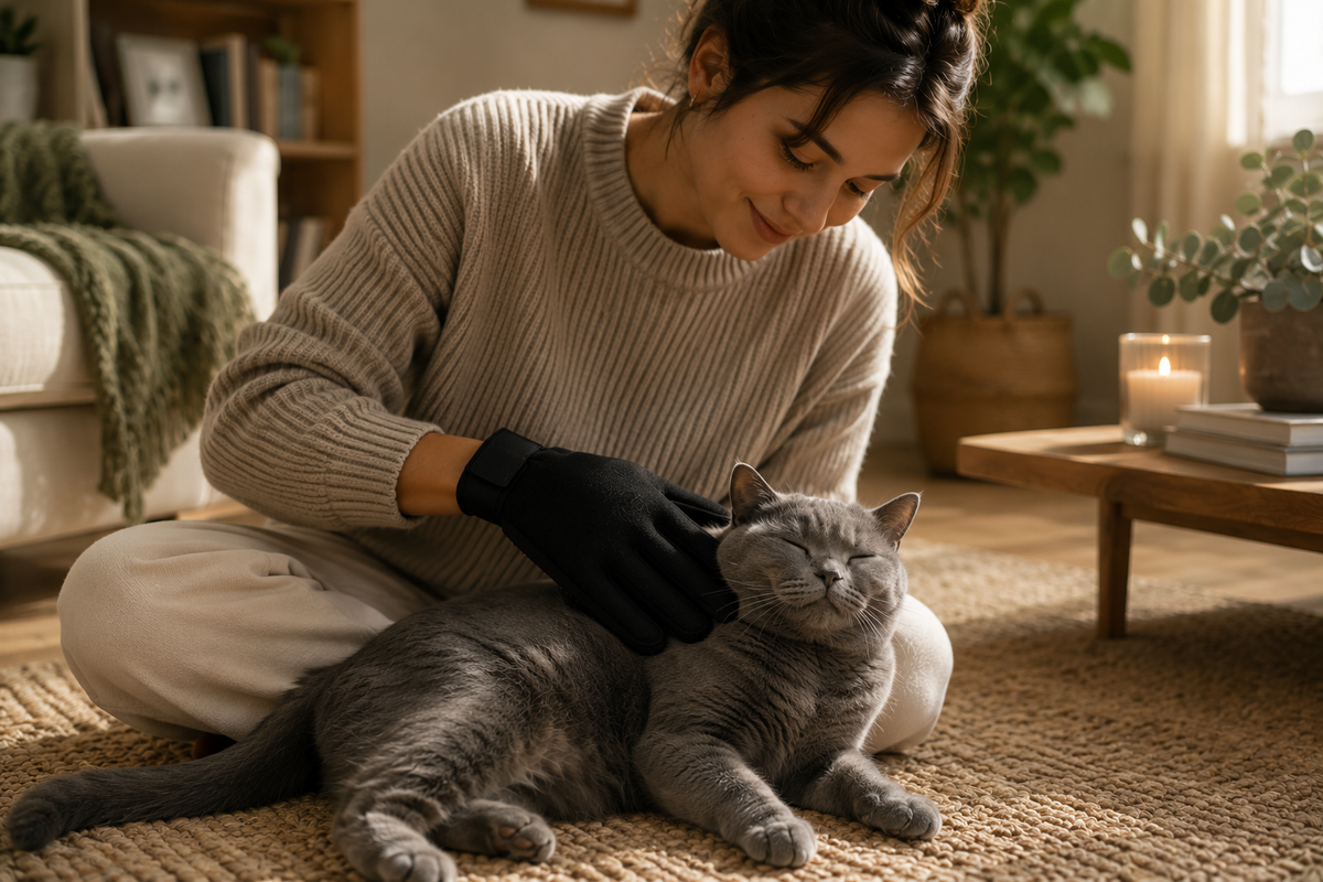 Woman grooming a gray cat with the pet grooming glove on a rug