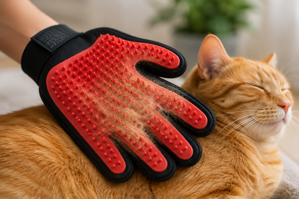 Grooming glove close-up removing loose fur from an orange tabby cat