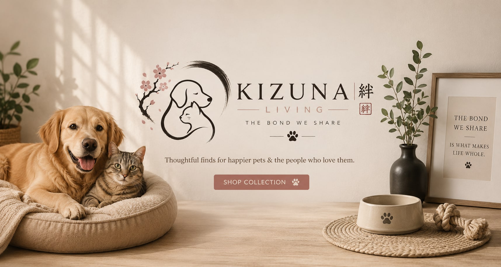 Kizuna Living — a dog and cat sharing a pet bed beside a bowl and toy, with the brand logo and the tagline The bond we share
