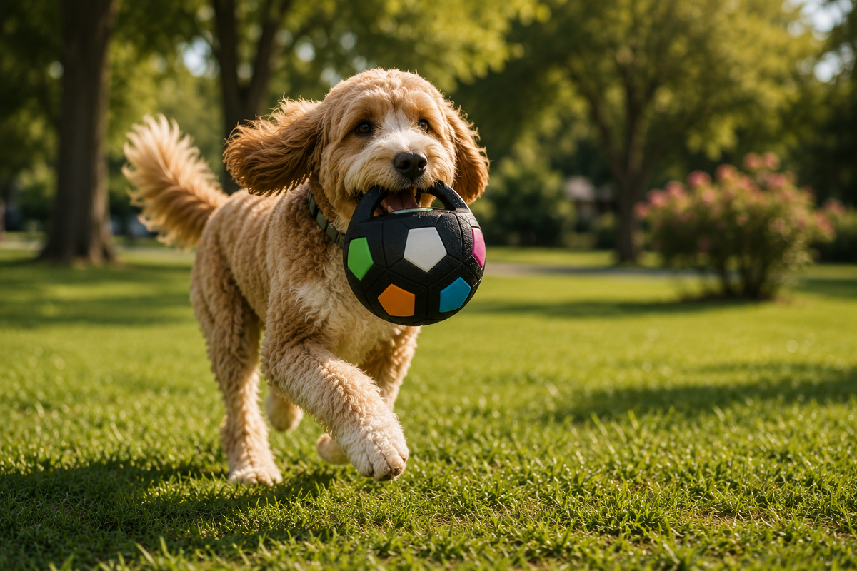 Dog playing with the durable TPR soccer ball toy