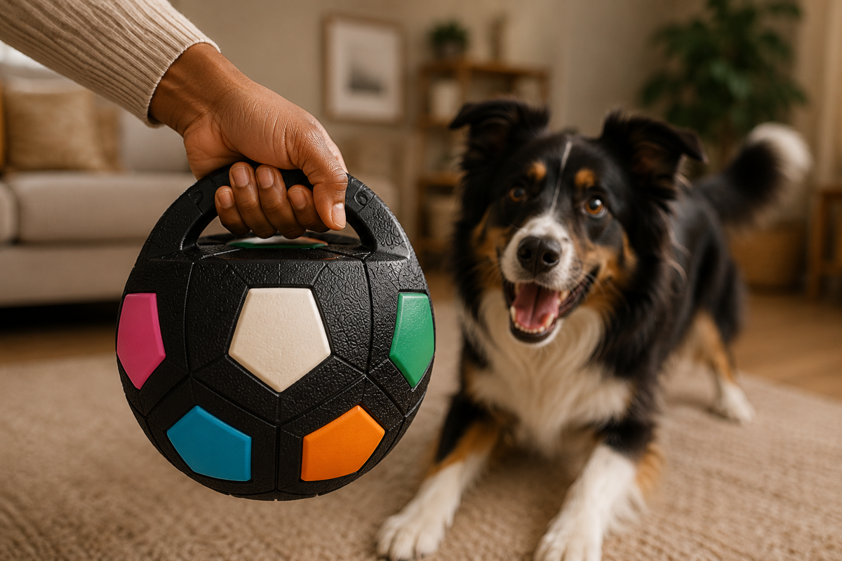 Hand holding the soccer ball dog toy by its built-in handle with an excited dog nearby